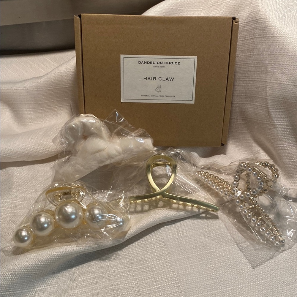 NIB - 4pc Dandelion Choice Gold, Pearl and Faux Fur Hair Claw Set